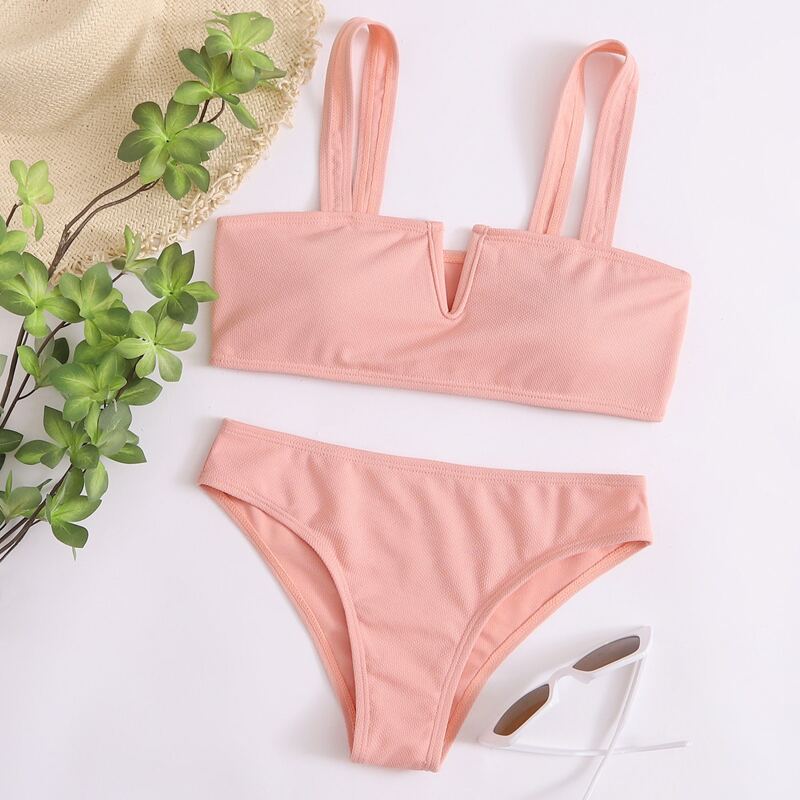 

Plain V Wired Bikini Swimsuit, Pastel coral orange
