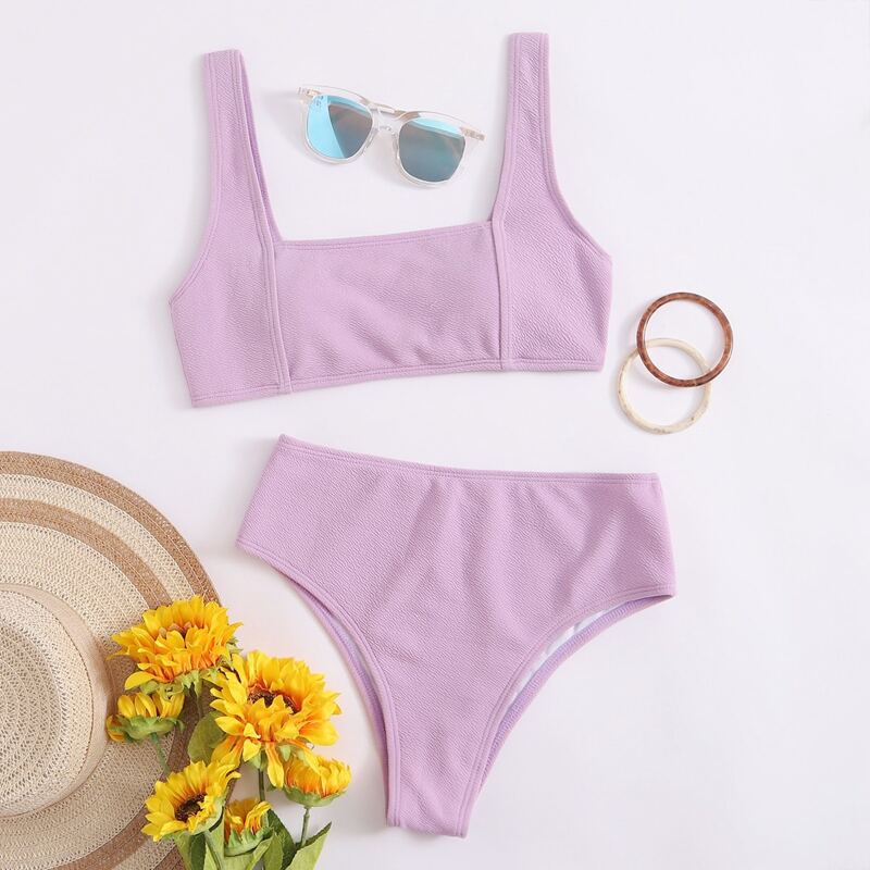 

Textured Square Neck Bikini Swimsuit, Pastel baby pink