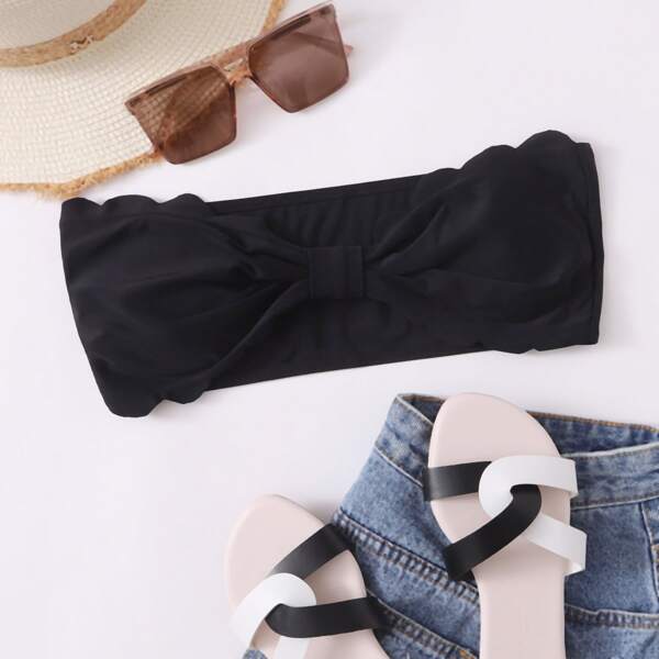 

Scallop Trim Knot Bandeau Bikini Top, Black