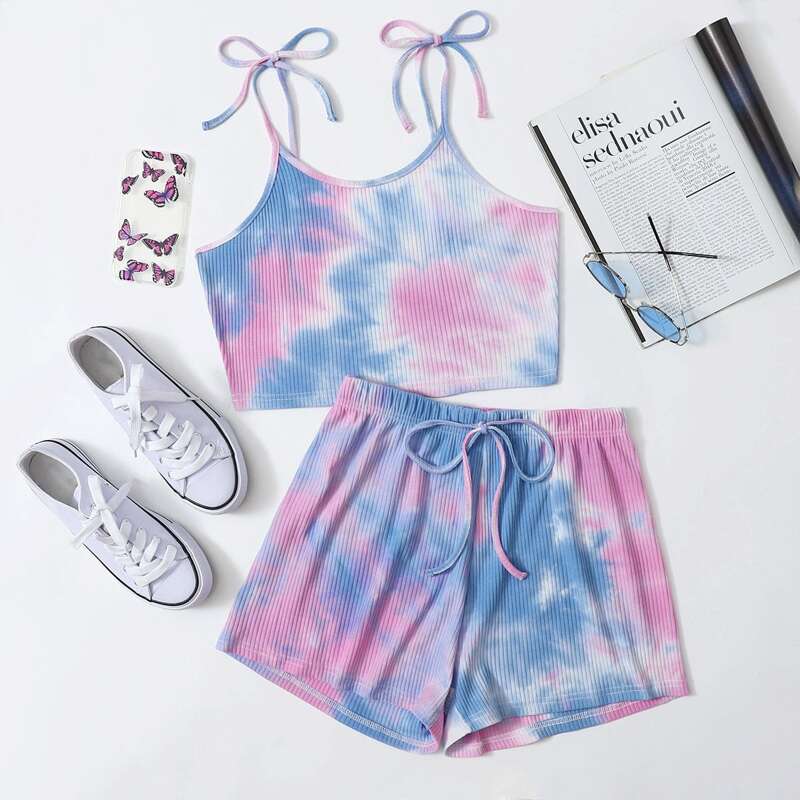 

Knot Shoulder Tie Dye Cami Top & Shorts, Multicolor