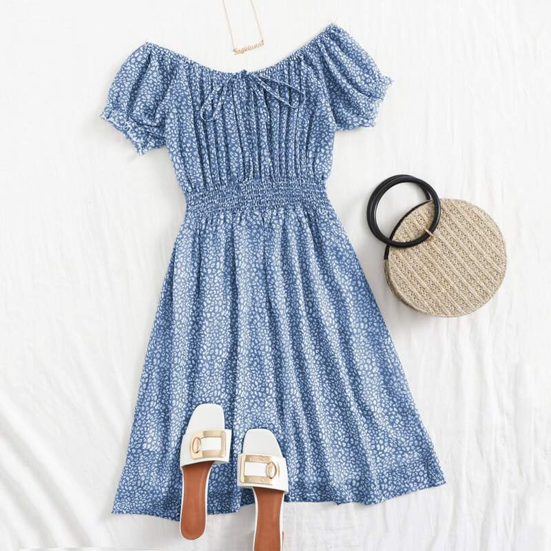 

Allover Print Shirred Dress, Blue