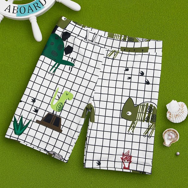 

Boys Cartoon Graphic & Plaid Swim Shorts, Multicolor