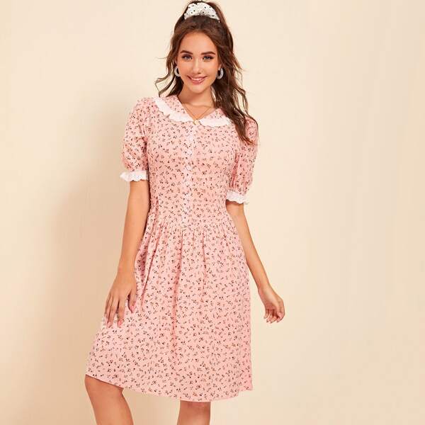 

Schiffy Trim Peter Pan Collar Ditsy Floral Dress, Baby pink
