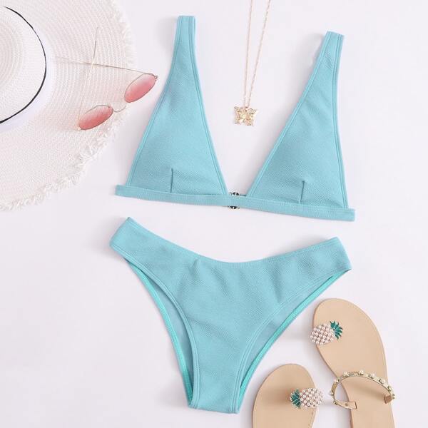 

Textured V Neck Bikini Swimsuit, Pastel baby blue