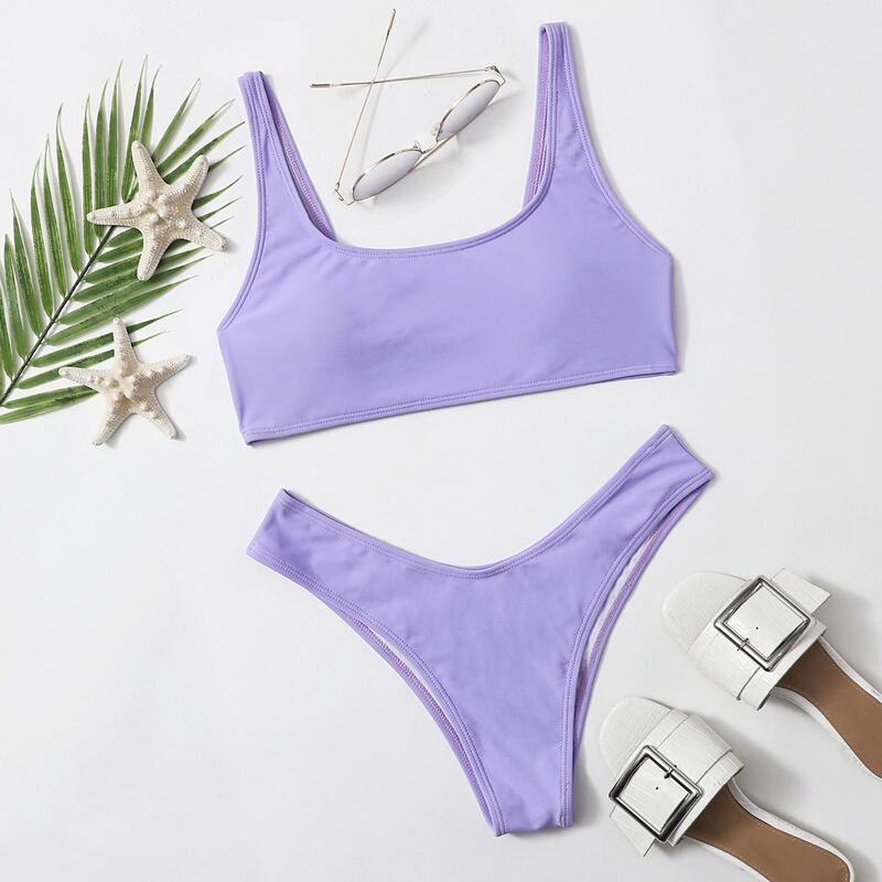 

Solid High Cut Bikini Swimsuit, Lilac purple