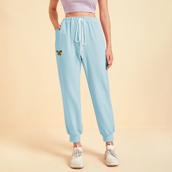 

Butterfly Embroidered Slant Pocket Joggers, Baby blue