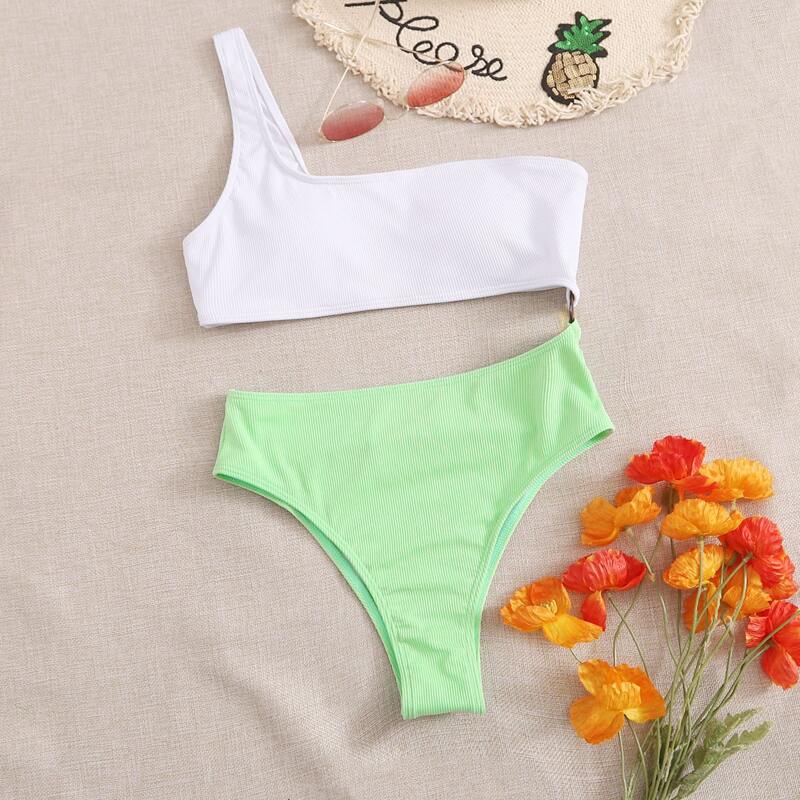 

Two Tone Ring Linked One Piece Swimsuit, Multicolor