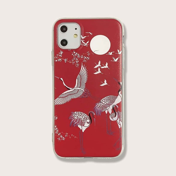 

1pc Crane Print iPhone Case, Red