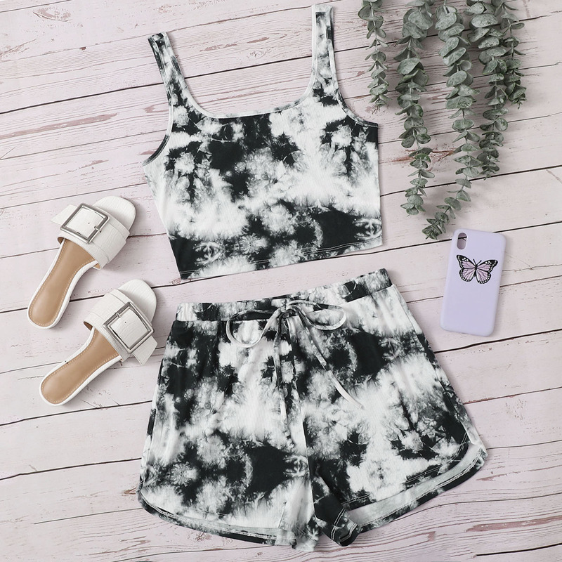 

Tie Dye Crop Top and Dolphin Shorts Set, Black and white