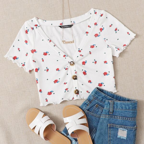 

Floral Print Lettuce Edge Button Up Top, White