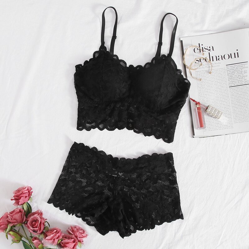 

Scallop Lace Lingerie Set, Black