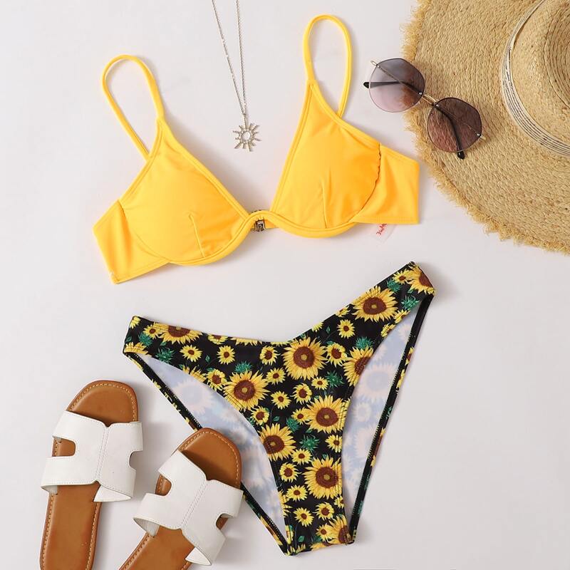 

Sunflower Print High Cut Bikini Swimsuit, Multicolor