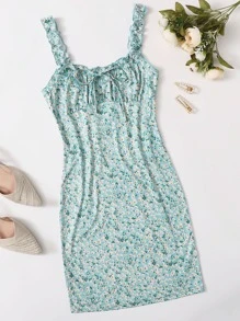 Soleia Tie Neck Ruched Bust Frill Trim Ditsy Floral Dress - Mint Green - View 1