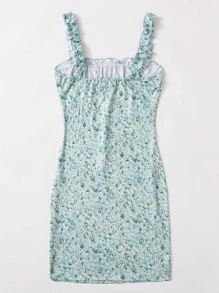 Soleia Tie Neck Ruched Bust Frill Trim Ditsy Floral Dress - Mint Green - View 2