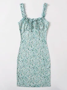 Soleia Tie Neck Ruched Bust Frill Trim Ditsy Floral Dress - Mint Green - View 3