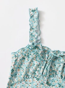 Soleia Tie Neck Ruched Bust Frill Trim Ditsy Floral Dress - Mint Green - View 4