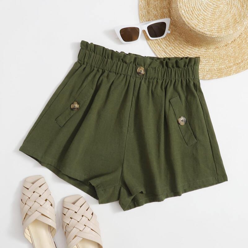

Paperbag Waist Button Detail Shorts, Army green