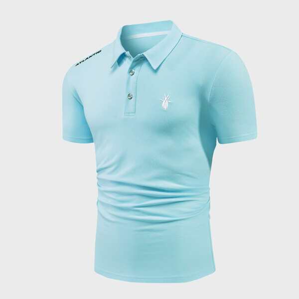 

Men Letter Patched Insect Embroidery Polo Shirt, Mint blue