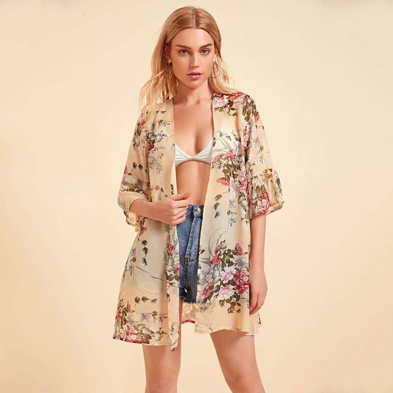 

Floral Print Bell Sleeve Kimono, Apricot
