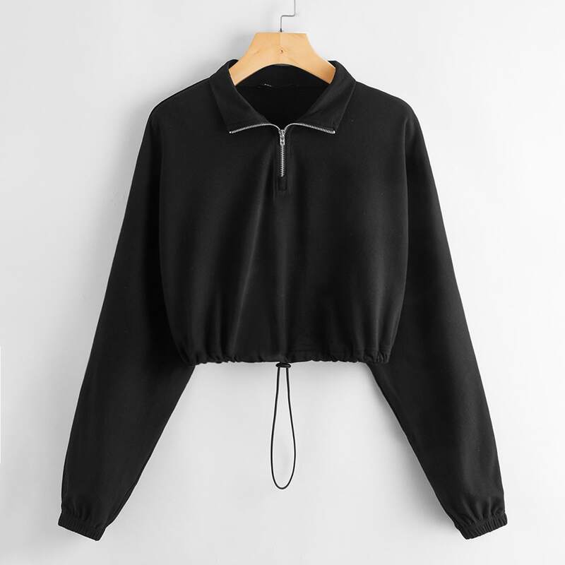 

Zip Half Placket Drawstring Hem Crop Pullover, Black