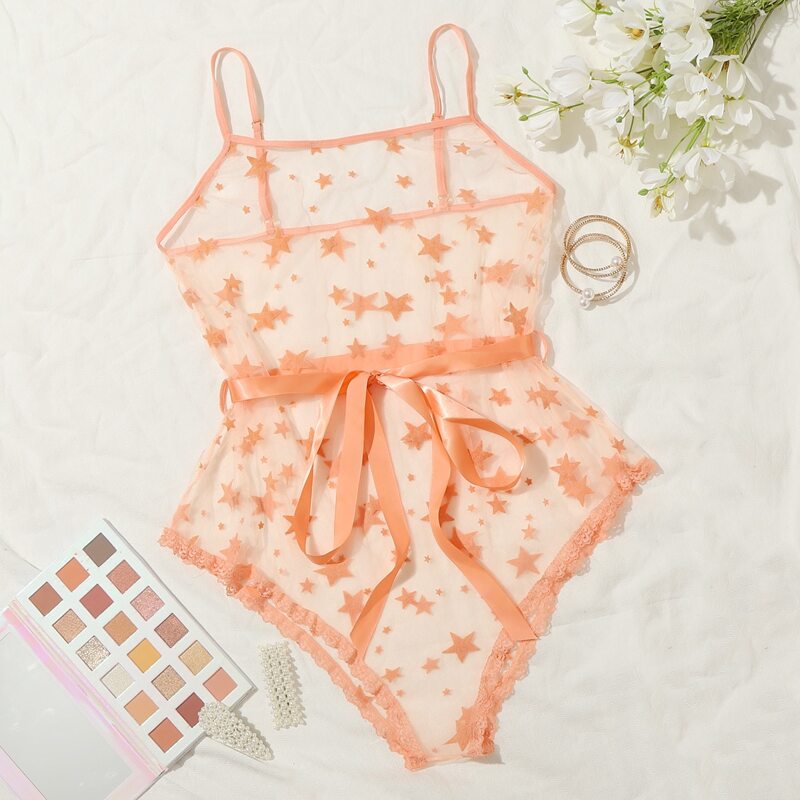 

Star Print Sheer Belted Teddy Bodysuit, Coral orange