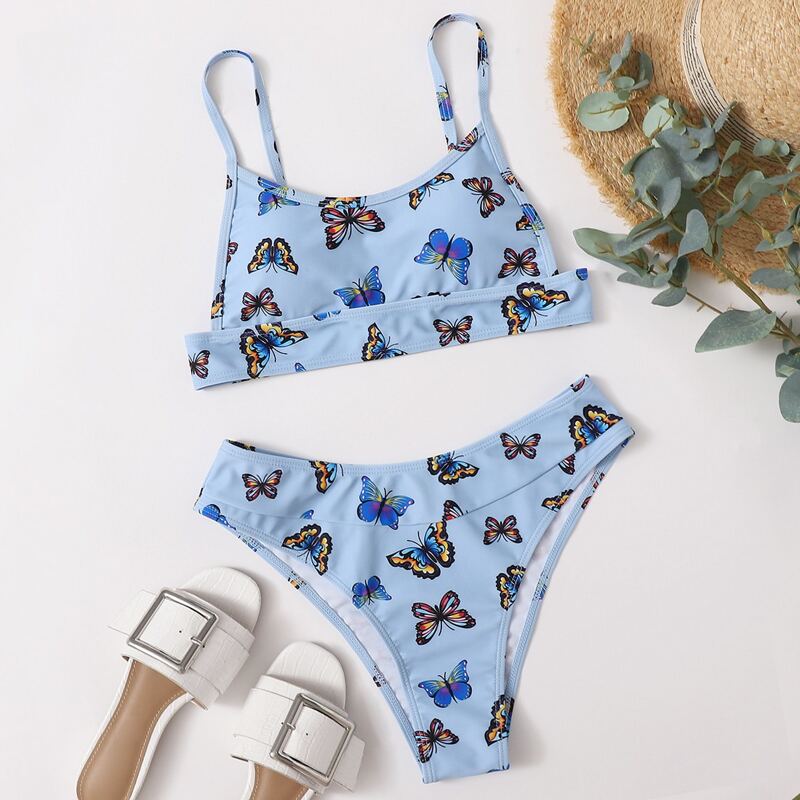 

Butterfly Print Cami Bikini Swimsuit, Baby blue
