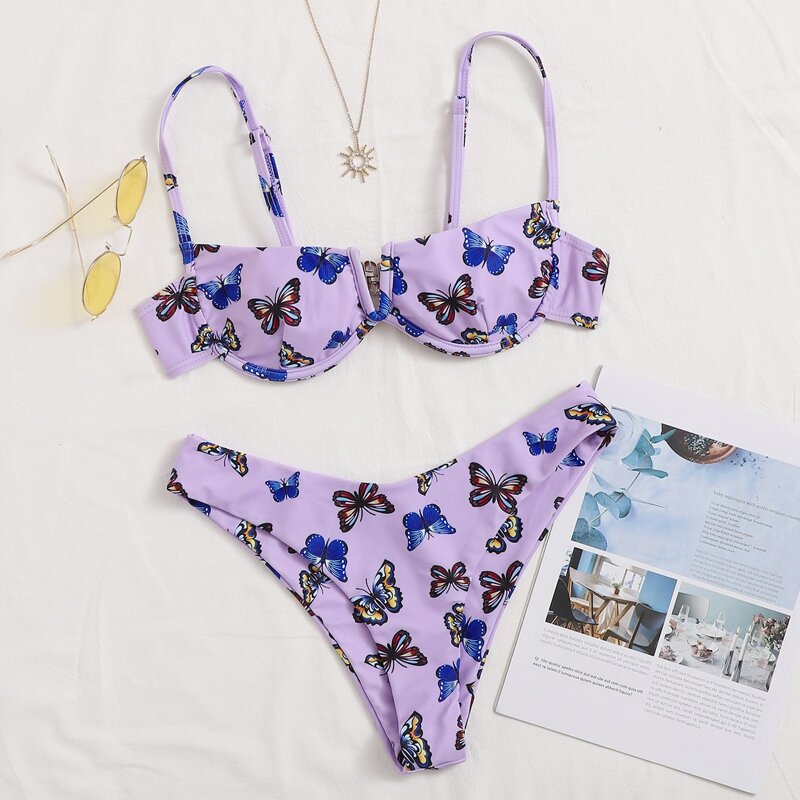 

Butterfly Print High Cut Bikini Swimsuit, Multicolor