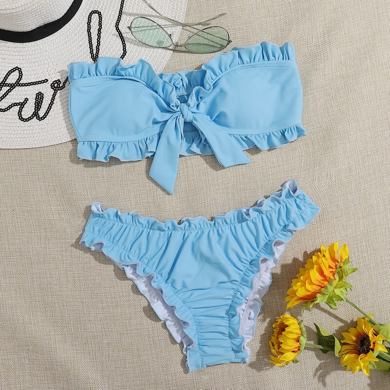 

Frill Trim Wireless Bikini Swimsuit, Baby blue