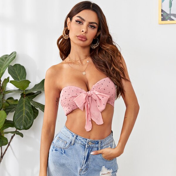 

Frill Trim Shirred Knotted Anchor Tube Top, Baby pink