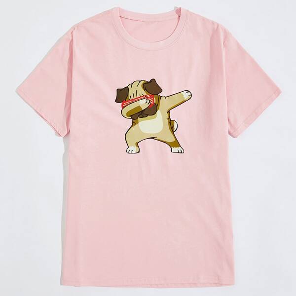 

Men Cartoon Pug Print Tee, Baby pink