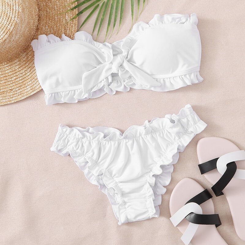 

Frill Trim Wireless Bikini Swimsuit, White