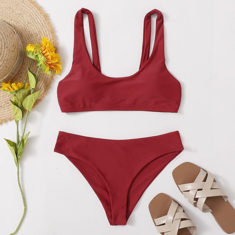 

Solid Cami Bikini Swimsuit, Red