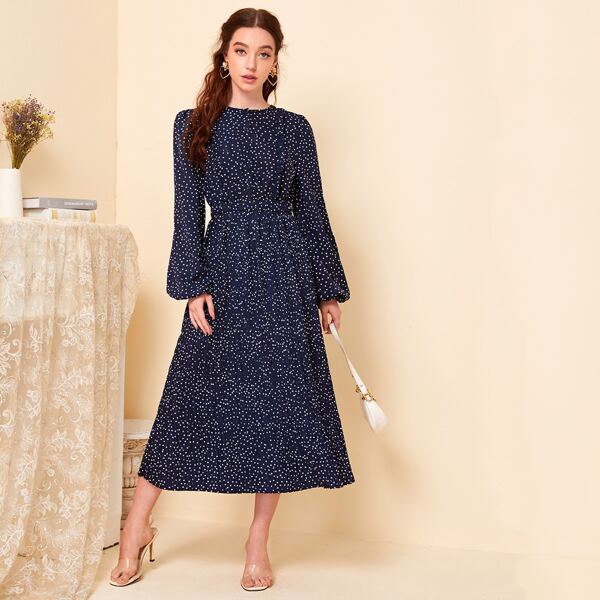 

Button Front Frill Trim Lantern Sleeve Pleated Dress, Navy blue