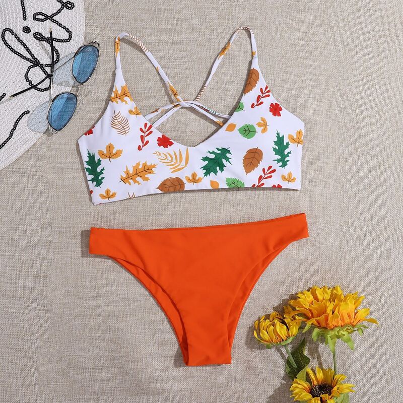 

Leaf Print Cami Bikini Swimsuit, Multicolor