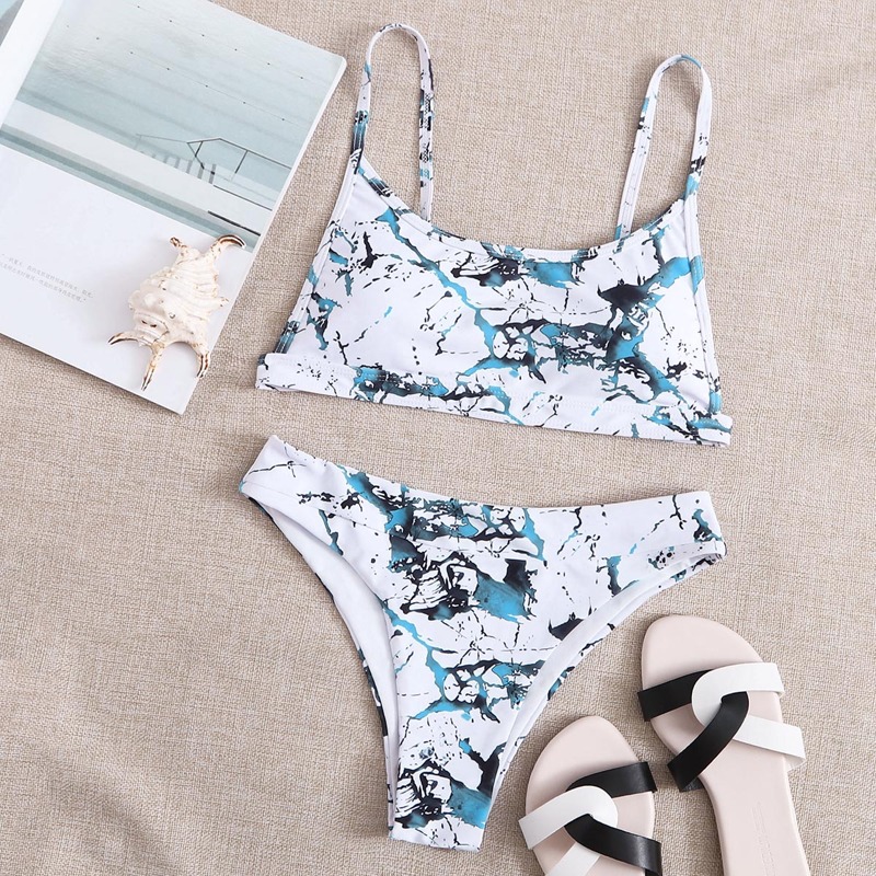 

Marble Print Cami Bikini Swimsuit, Multicolor