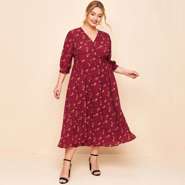 

Plus Floral Print Button Front Wide Waistband Dress, Burgundy
