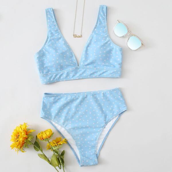 

Heart Print High Waisted Bikini Swimsuit, Pastel baby blue