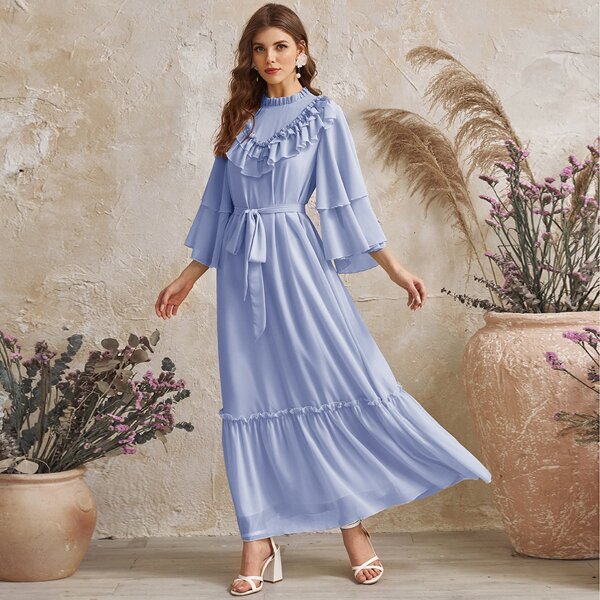 

Layered Ruffle Trim Bell Sleeve Self Belted Dress, Blue pastel