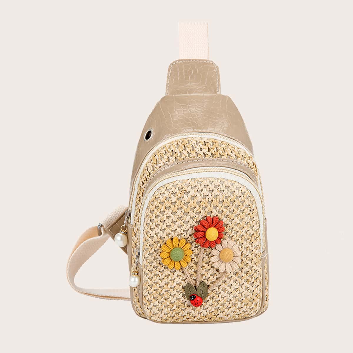 

Flower Appliques Woven Detail Sling Bag, Khaki