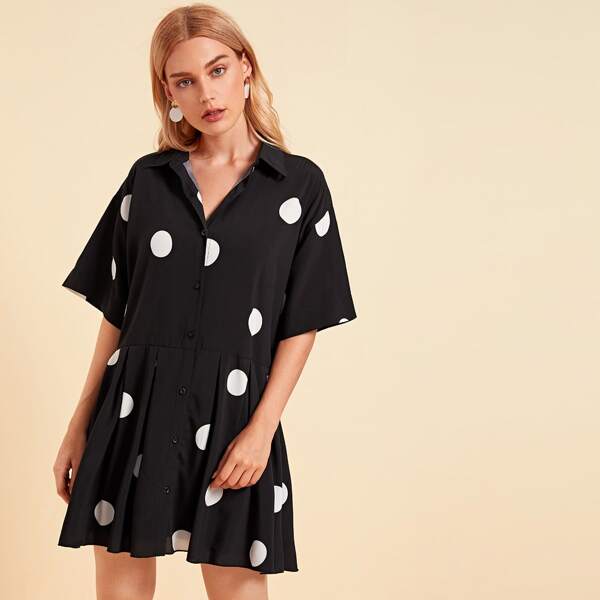 

Drop Shoulder Polka-dot Print Dress, Black