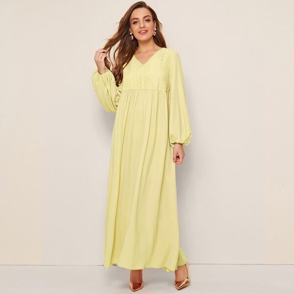 

V-neck Guipure Lace Bodice Lantern Sleeve Maxi Dress, Yellow pastel