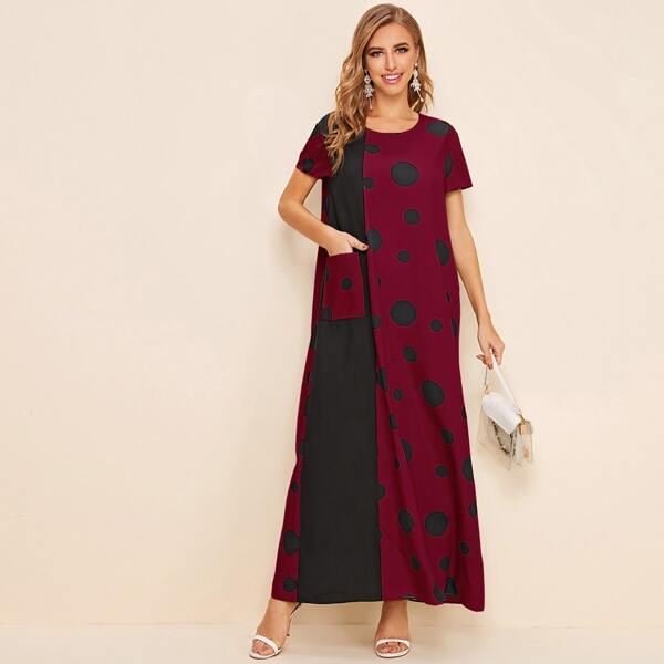

Pocket Patched Polka Dot Maxi Dress, Maroon