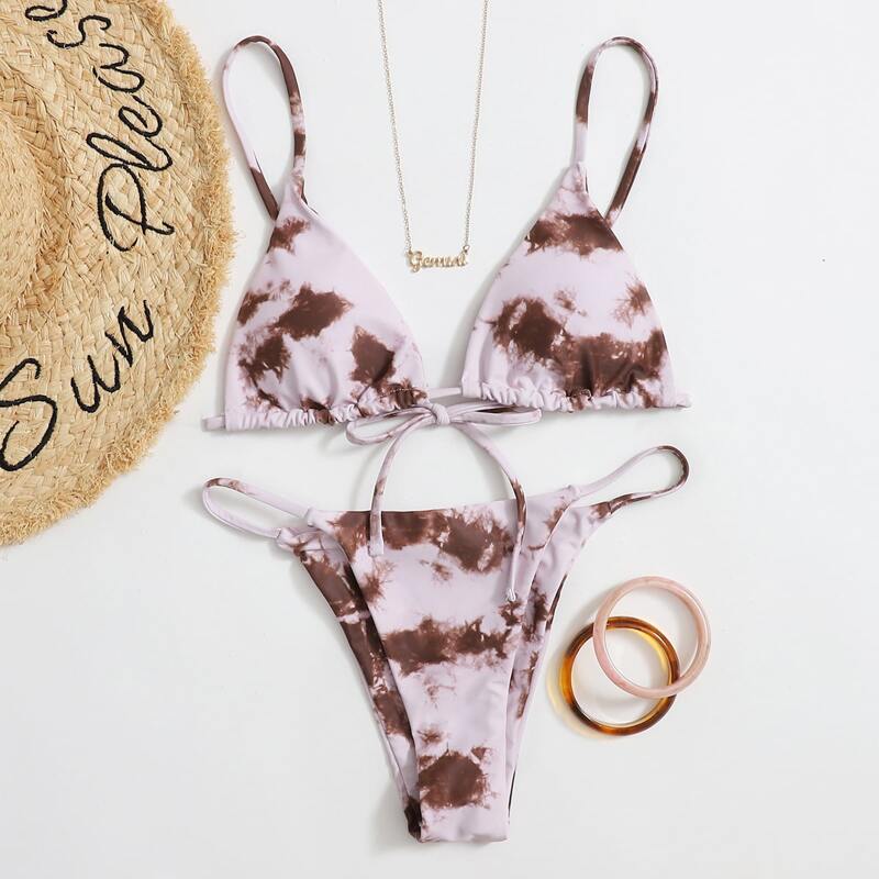 

Tie Dye Triangle Tanga Bikini Swimsuit, Brown
