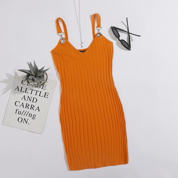 

O-ring Strap Rib-knit Slip Dress, Orange