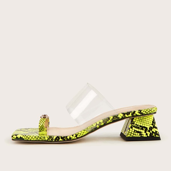 

Rhinestone Decor Toe Loop Snakeskin Chunky Heeled Mules, Green