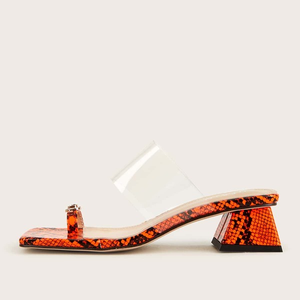 

Rhinestone Decor Toe Loop Snakeskin Chunky Heeled Mules, Orange