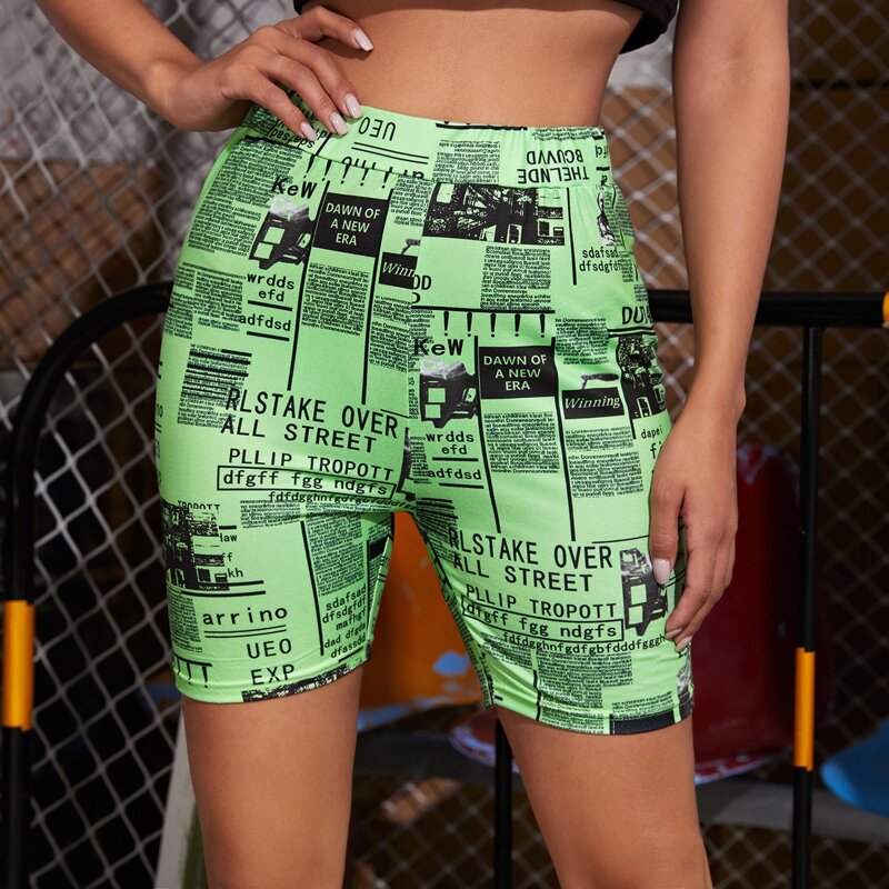 

Newspaper Print Legging Shorts, Bright lime green