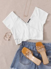 SHEIN Cross Wrap Solid Crop Top - White - View 1