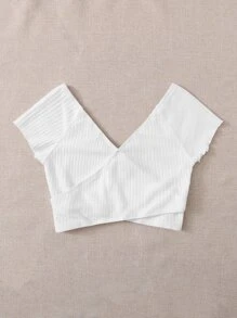 SHEIN Cross Wrap Solid Crop Top - White - View 2