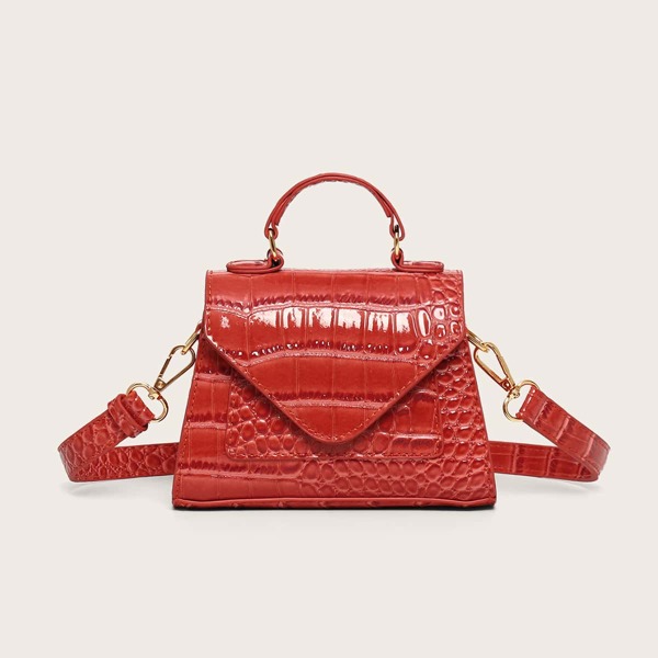 

Croc Embossed Top Handle Satchel Bag, Orange
